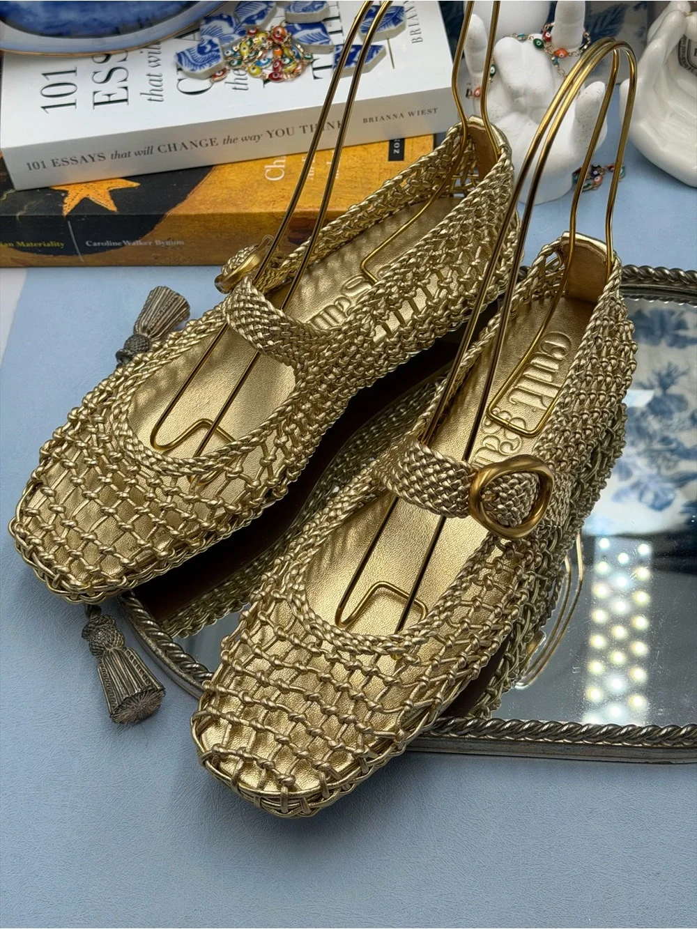 🆕 CULT GAIA 🧿 NWOB Gina Woven Leather Mary Jane Flats, Gold - Sz 37.5 US 7.5